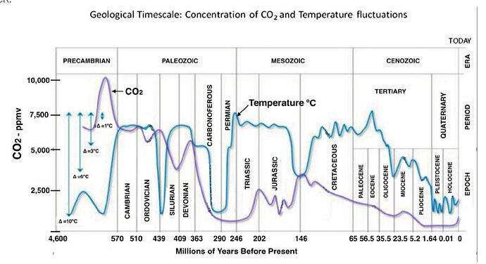 geological timescale - concentration of CO2 and Temperature fluctuations