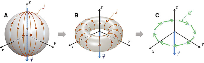 Figure 1: Current density and magnetic moment distributions associated with the toroidal moment.Poloidal currents excited at the surface of (A) a sphere and (B) a toroid. (C) Equivalently, a ring of magnetic moments is also attributed to the excitation of a toroidal moment.