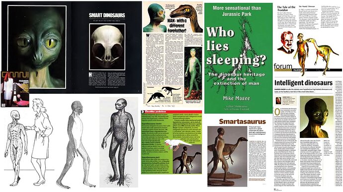 Caption: the dinosauroid has been discussed and depicted in a substantial number of articles and books; this montage shows just a few of these many appearances.