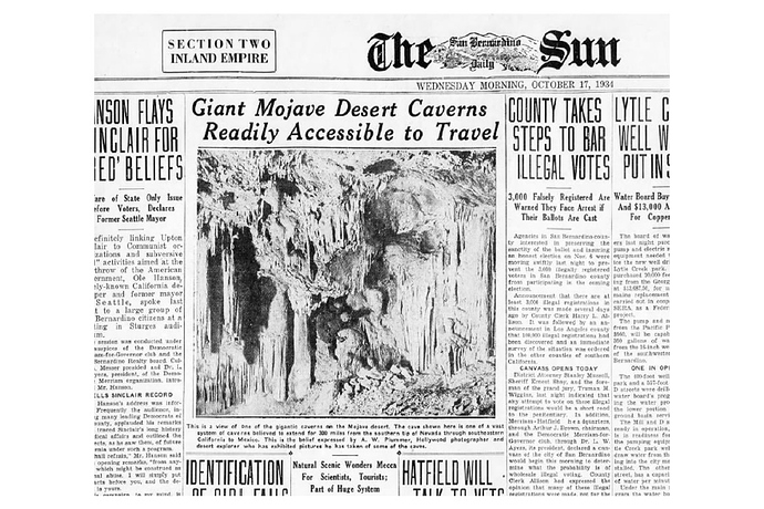 A.W. Plummer's photograph of the Mitchell Caverns appears in an October 17, 1934 article in the San Bernardino Sun proposing that the cavern is part of a vast subterranean system interconnecting the American Southwest. | Image courtesy Anna Garcia.