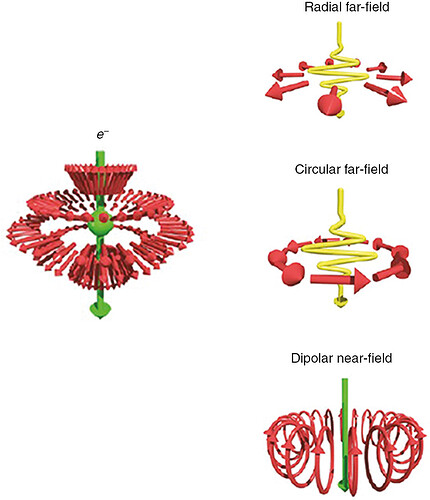 Figure 7: Electromagnetic-field components surrounding a relativistic electron. The excitation of relativistic electrons shares certain symmetric features with that of a radial and circular far-field, and of a dipolar near-field. Reprinted with permission from Ref. [132]. Copyright (2012) American Chemical Society.