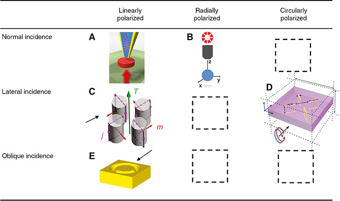 Figure 6: Different excitation strategies for toroidal moments in metamaterials via polarization and incidence directions.Dashed boxes denote no published result yet. Figure reproduced from (A) Ref. [111], Creative Commons CC-BY license; (B) Ref. [130], OSA; (C) Ref. [112], APS; (D) Ref. [101], APS; (E) Ref. [116], OSA.