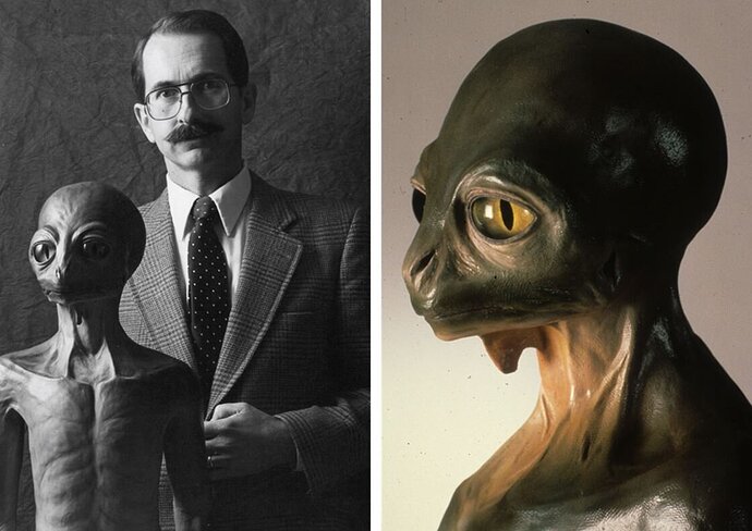 Caption: several images of the dinosauroid (like that shown at right) are now highly familiar, but this is less so for the picture at left. Dale Russell was a tall man, but even so the small stature of the dinosauroid is obvious, it standing 1.35 m tall. Images: © Canadian Museum of Nature.
