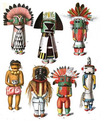 Drawings of Kachina dolls, from an 1894 anthropology book.