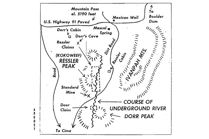 Ray Dorr's 1967 Argosy map showing Dorr's cave and cabin in the Mescal Range, about 5 miles north of Kokoweef Peak.