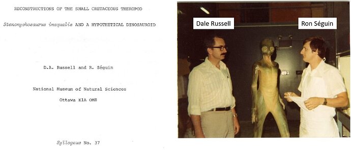 Caption: at left, the cover page of Russell & Séguin (1982). At right, from l to r: Dale Russell, the dinosauroid during its construction, and Ron Séguin. Images: (c) Ron Séguin.