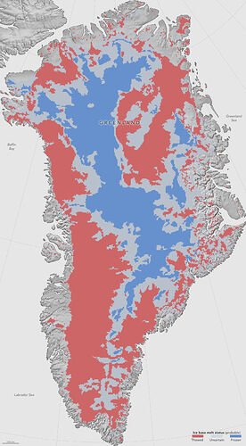 This first-of-a-kind map, showing which parts of the bottom of the Greenland Ice Sheet are likely thawed (red), frozen (blue) or still uncertain (gray