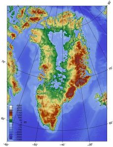 Topographic map of Greenland bedrock without the extant ice sheet, by Skew-t / wikimedia