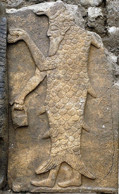 A Sumerian Apkallu, depicted as a human-fish hybrid. 14th century BC, Temple of Adda, Aleppo, Syria.\ 246x400