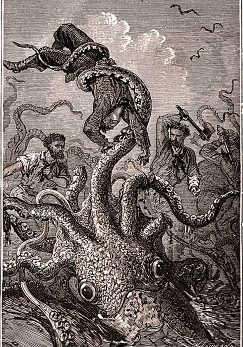 Giant squid by Alphonse-Marie-Adolphe de Neuville, from Jules Verne’s ‘Twenty Thousand Leagues Under the Sea’ Hetzel copy. (Public Domain)