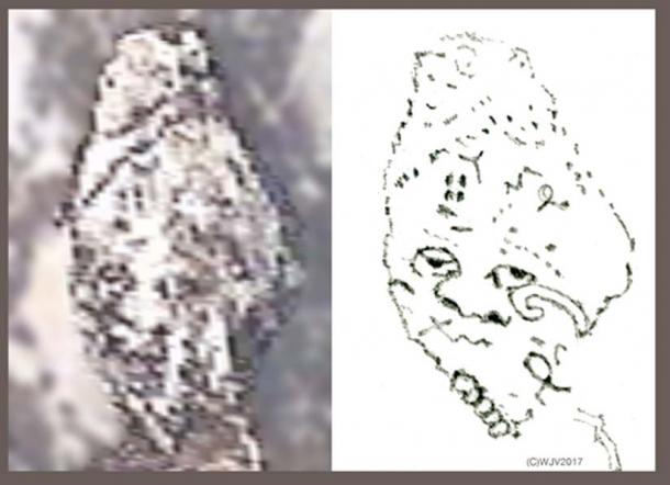 FIGURE 10 and 10a What an amazing discovery! Carved entirely from white rock, an oval shaped human head with a round eyed, rather chilling stare marked with ancient symbols. Dots in a circle about a center point motif is typical late 13th century BC. Mycenaean. (Size 44 meters high x 33 meters width).