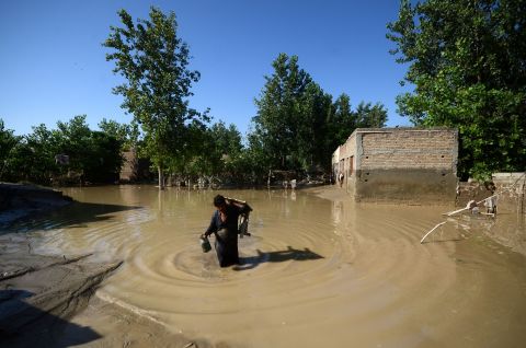 A view from a makeshift camp after people fled from their flood-hit homes in the Nowshera district of Khyber Pakhtunkhwa on Tuesday, August 30.