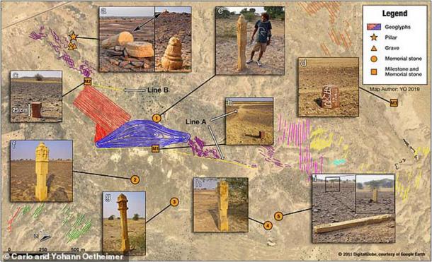 The Hindu memorial stones located around the Thar Desert geoglyphs suggest an advanced form of mathematics, design and planimetry related to the glyphs near them. (Carlo Oetheimer and Yohann Oetheimer / Archaeological Research in Asia)