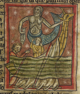 A Mermaid is lulling sailors to sleep with her song. One sailor is blocking his ears with his fingers to avoid hearing her. Photo from a bestiary c.1230 – 1240 CE\ 340x400