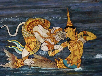 Hanuman and Suvannamachha, the mermaid princess. Ramakien mural on the walls of the Wat Phra Kaew, the Temple of the Emerald Buddha in Bangkok.\ 400x300