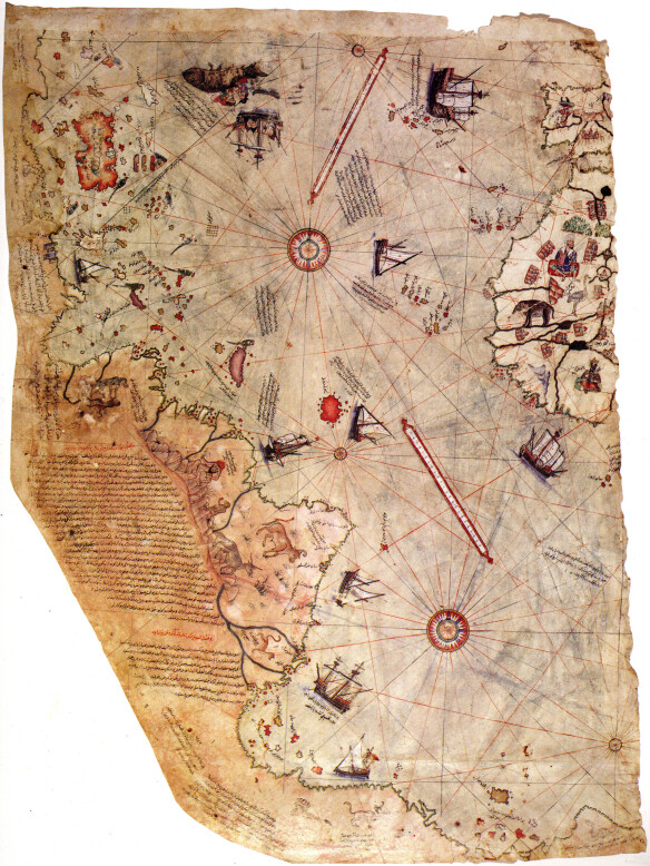 Map of the world by Ottoman admiral Piri Reis, drawn in 1513 - synthesizes information from twenty maps / wikimedia